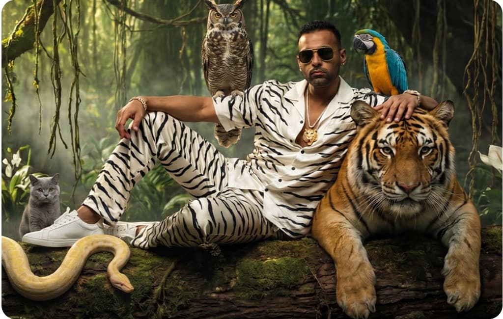 Tigerteeh in the jungle — tiger, macaw, owl