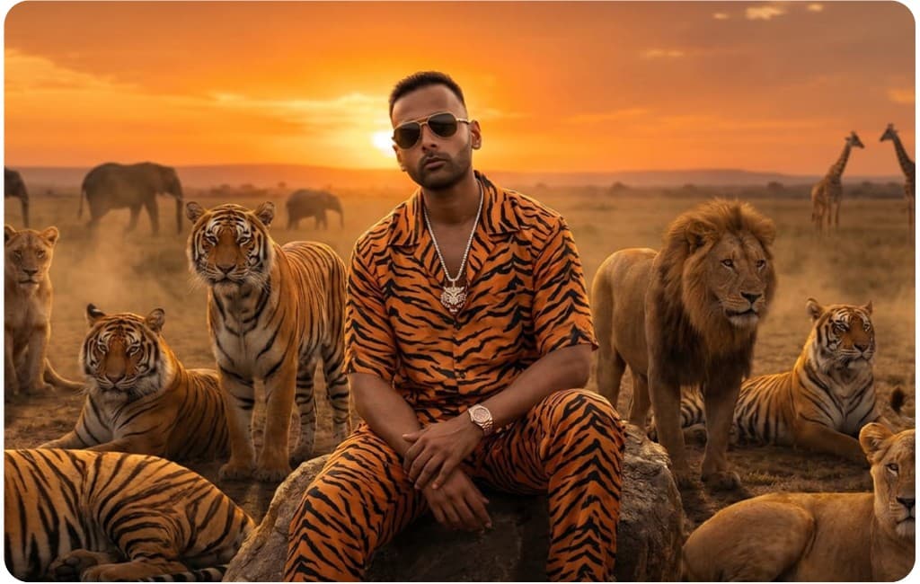 Tigerteeh on the savannah — tigers, lions at sunset